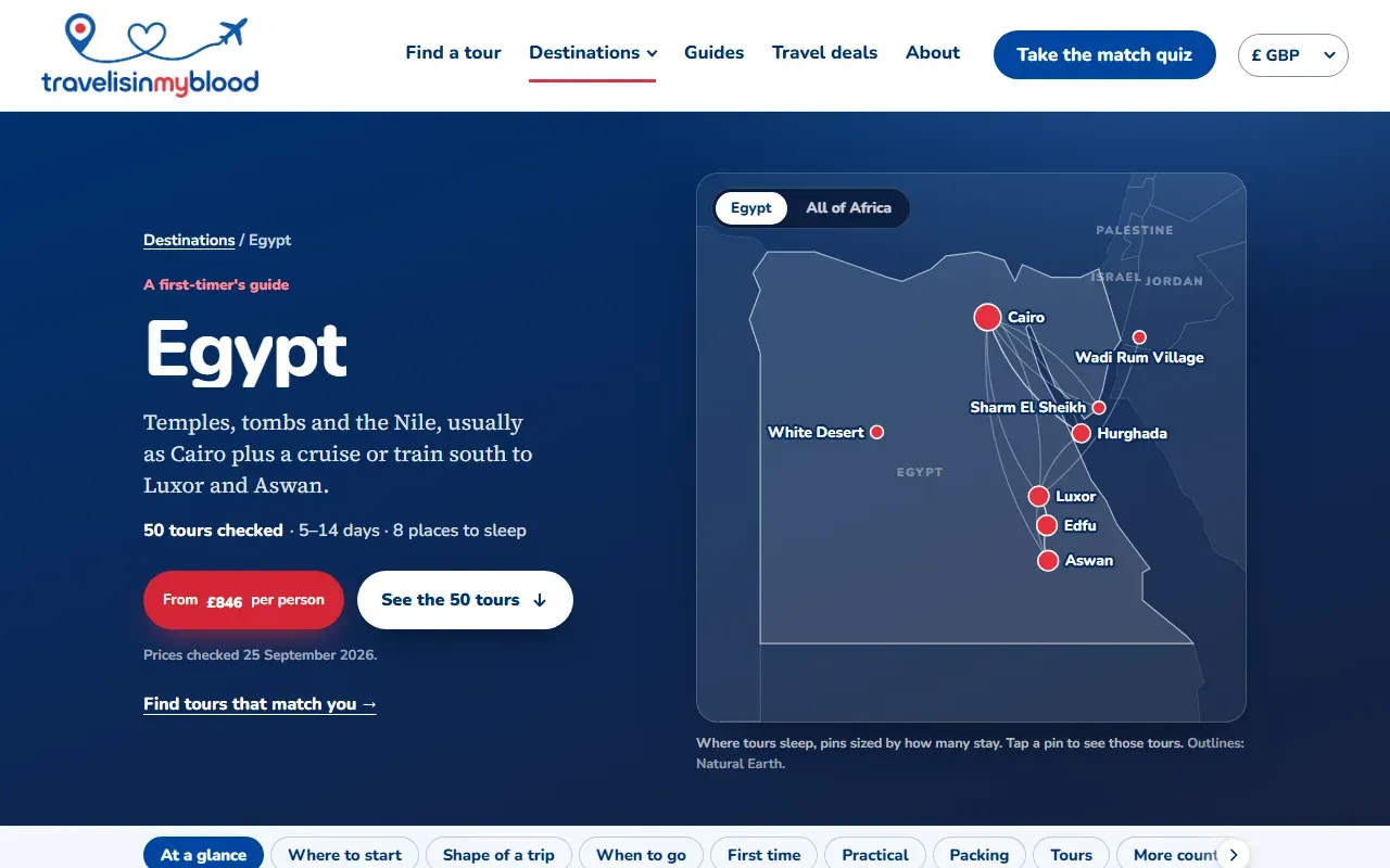 Destination page for Egypt with a map of where tours sleep