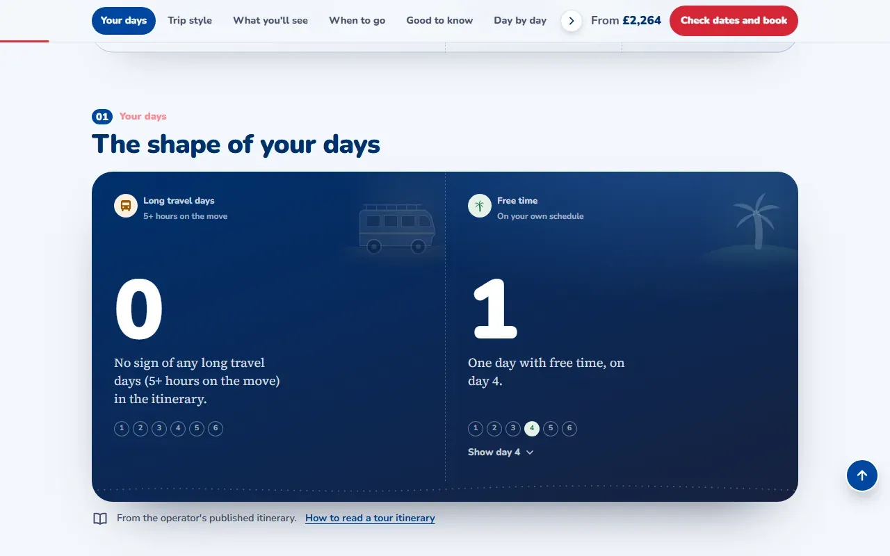 The shape of your days: long travel days and free time counted from the itinerary