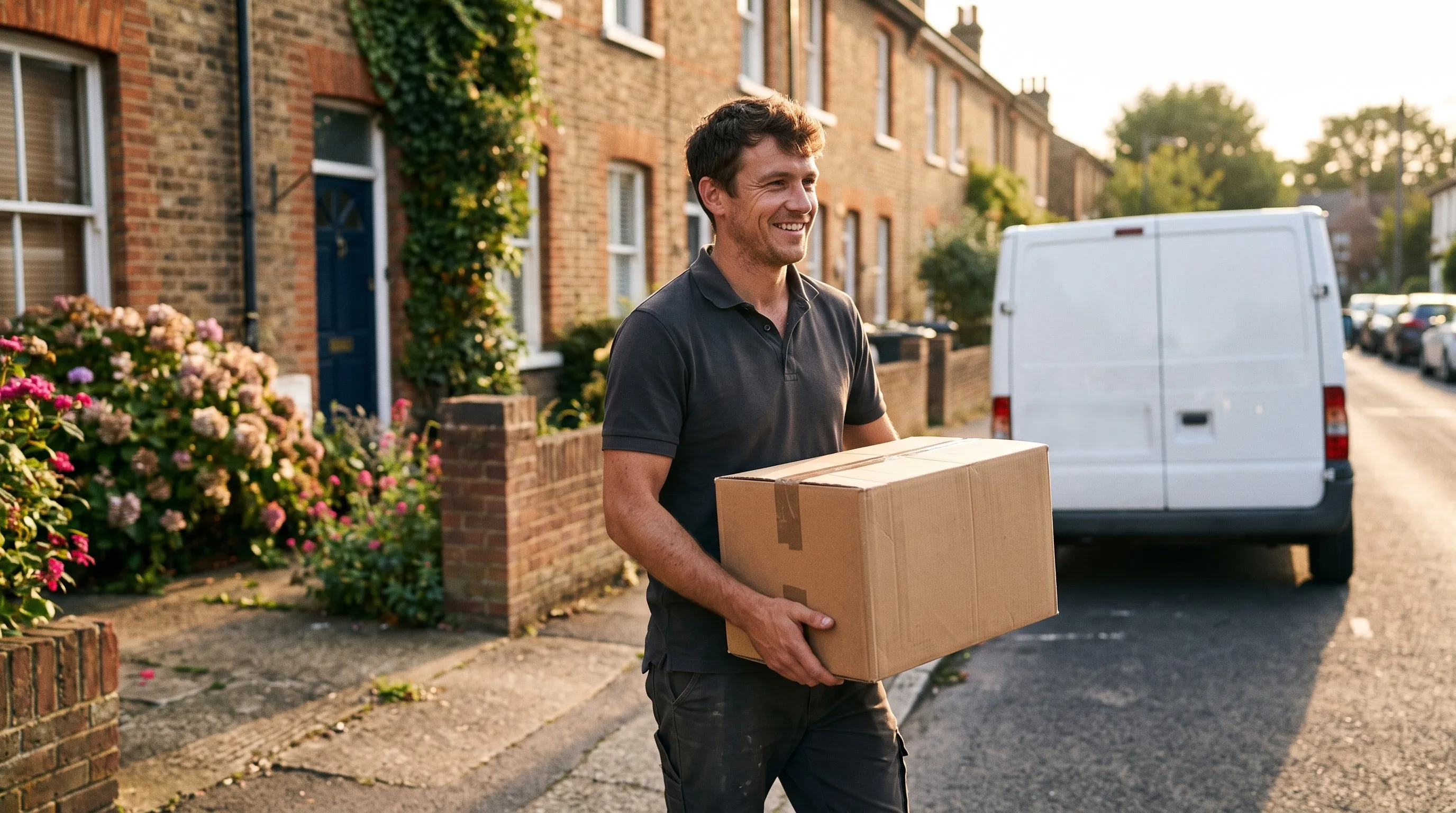 QuickHaul driver carrying a box down a driveway toward a van, ready for a same-day move