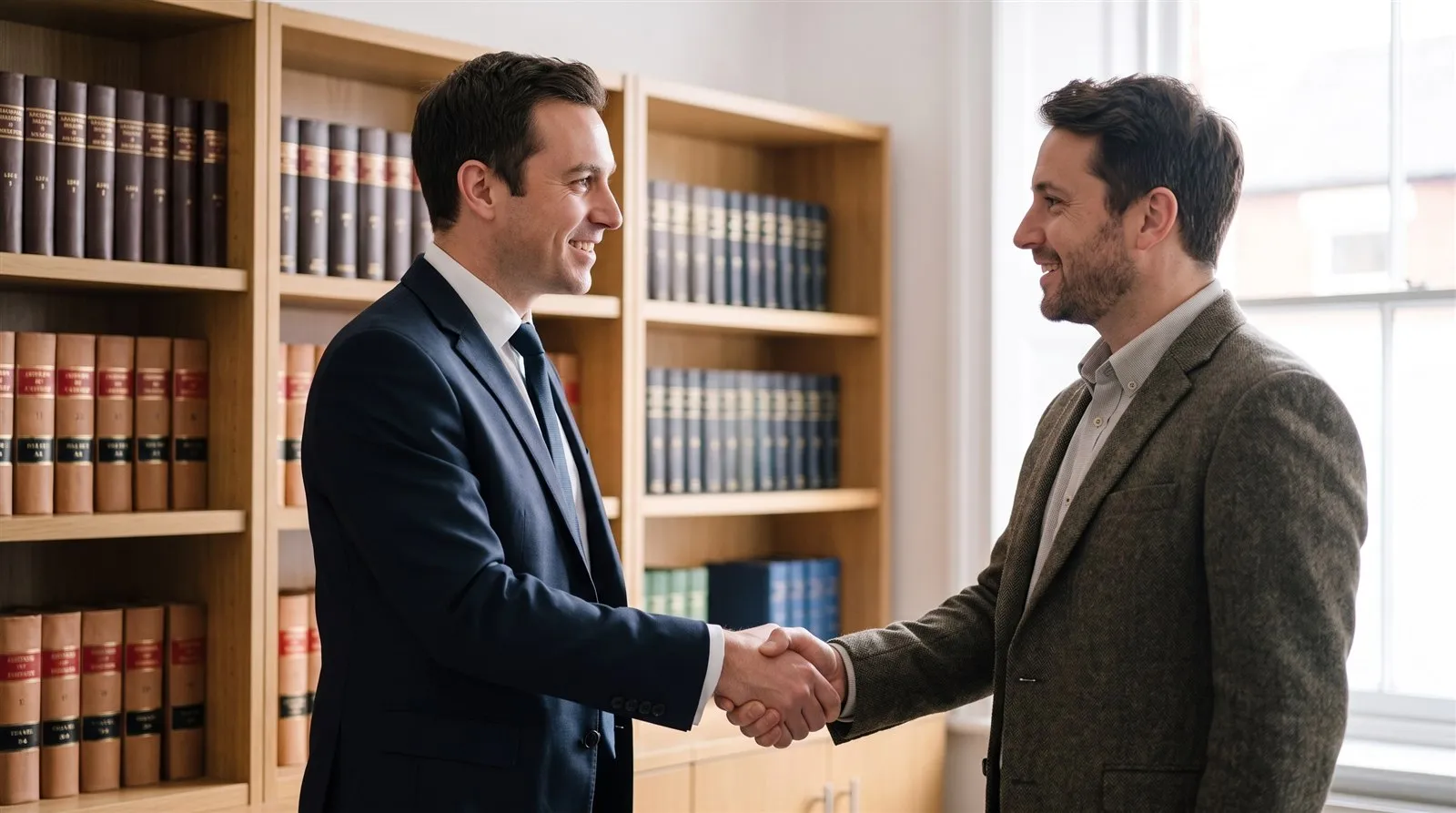 A solicitor at Marlowe and Finch shaking hands with a client across a desk in a warm, book-lined office