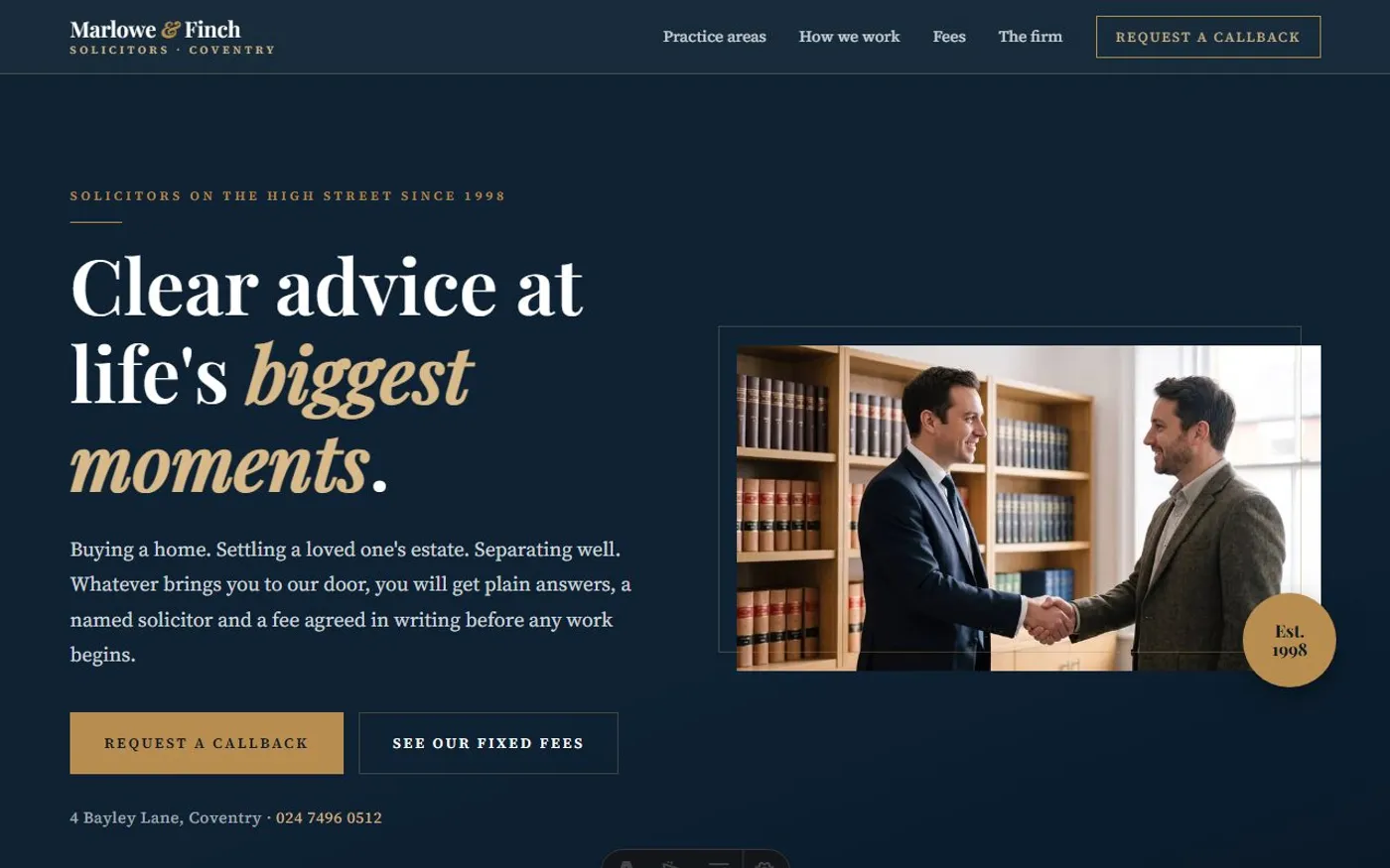 Marlowe & Finch Solicitors, a sample solicitor website we designed